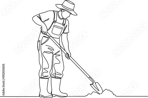Farmer digging soil with shovel, rural agriculture work concept, black and white line art illustration, farming lifestyle scene