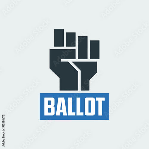 Raised fist with ballot box voting symbol in blue and grey colors