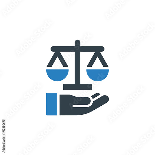 Hand holding balance scales icon symbolizing justice and fairness concept