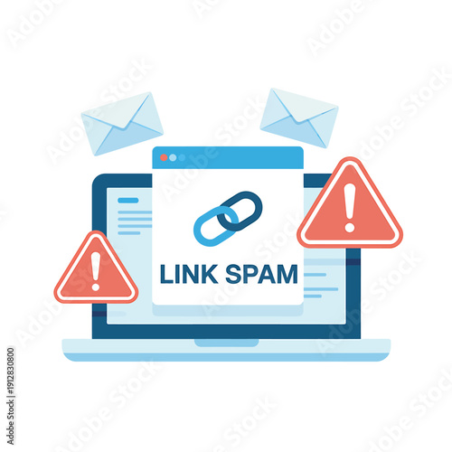 Link spam warning signs on a laptop computer screen with emails  cyber threat
