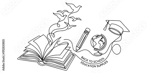 Back to school education supplies with open book and graduation cap  