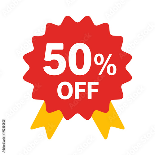 Red and yellow 50 percent off discount badge icon symbol