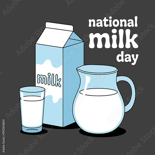 National Milk Day with glass jug carton of milk on dark background