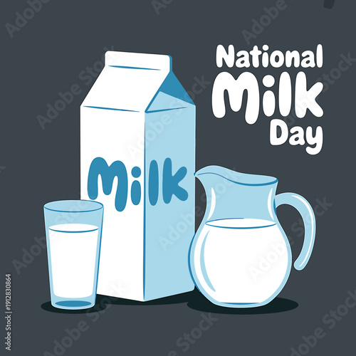 National Milk Day celebration with milk carton glass and jug