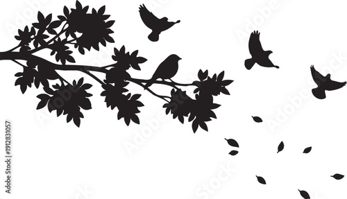 Black silhouette of a bird on a tree branch with flying birds and falling leaves
