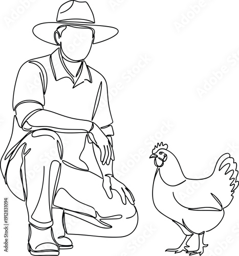 Farmer with chicken illustration, rural poultry farming concept, black and white line art drawing, agriculture lifestyle scene