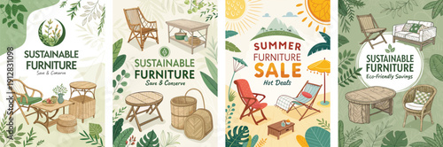 Eco-friendly sustainable furniture promotions with vibrant designs and earthy colors.