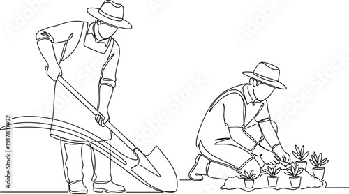 Farmers working in garden, digging soil and planting seedlings, sustainable agriculture concept, black and white line art illustration