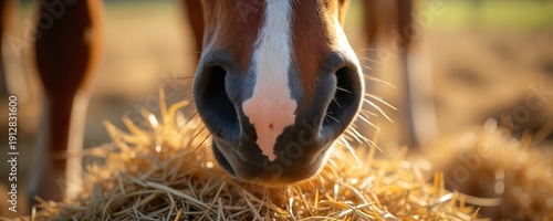Bay horse muzzle with white spot eats dry hay in golden hour sunlight. Close up on nostrils. Livestock feeds on straw. Agriculture, rural farm life.