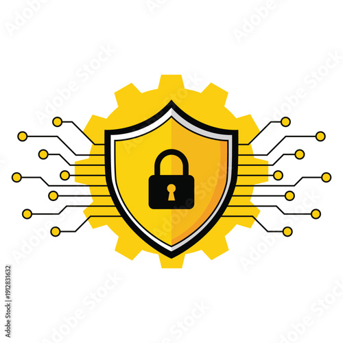 Digital Security Shield: A visual representation of cyber protection, with a golden shield and lock centered on a gear-shaped background.