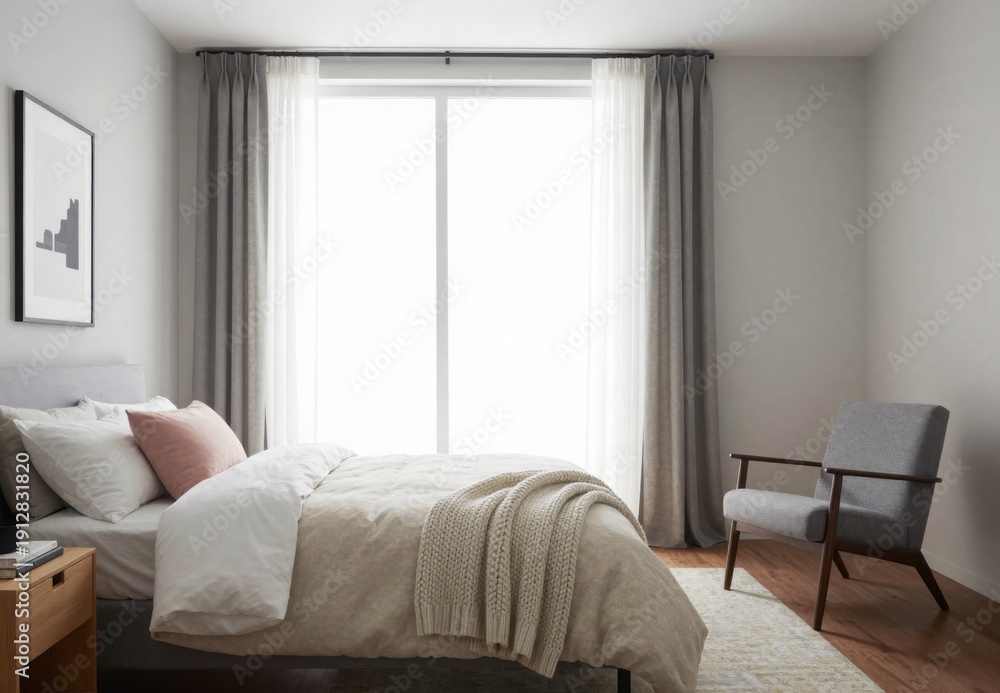 Fototapeta premium Bright Bedroom Interior Design with Natural Light, Neutral Colors, Comfortable Bedding and Modern Furniture