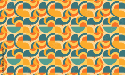 Seamless abstract retro 70s geometric vector pattern with colorful orange and teal semicircle shapes