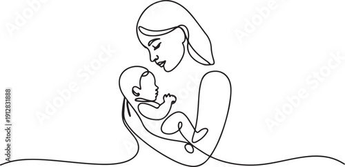 Mother Holding a Baby Continuous One Line Drawing Vector.