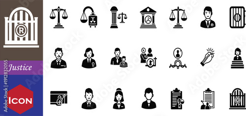 Professional legal and justice icon set, flat black vector symbols for law firm services and court legislation isolated on white background.
