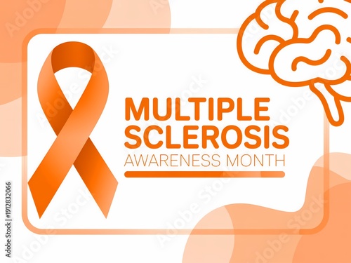 Orange ribbon and brain illustration for multiple sclerosis awareness month on white background isolated on white background