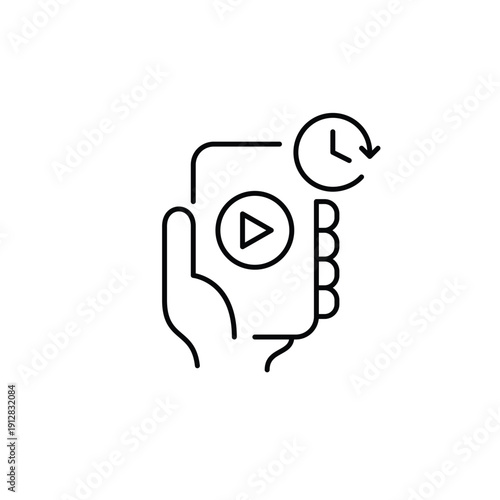 Play button on phone and clock. Timed media access, scheduled video content, watching videos within a set timeframe. Pixel perfect, editable stroke vector icon