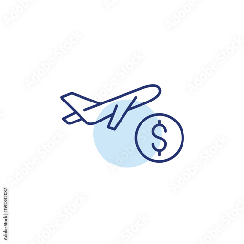 Airplane taking off and dollar sign. Flight costs, ticket buying. Pixel perfect, editable stroke vector icon