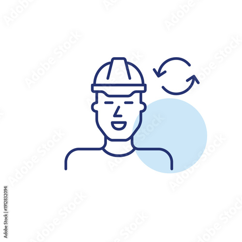 Man in hard hat and renew arrows. Worker update, safety refresh, construction renewal. Pixel perfect, editable stroke vector icon