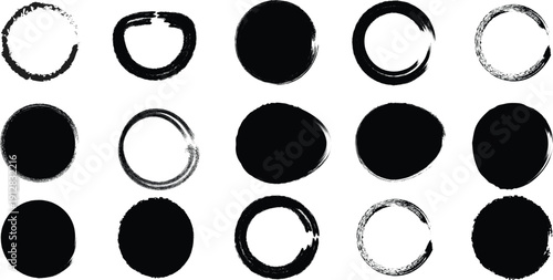 An abstract art piece featuring a diverse array of black and white circles