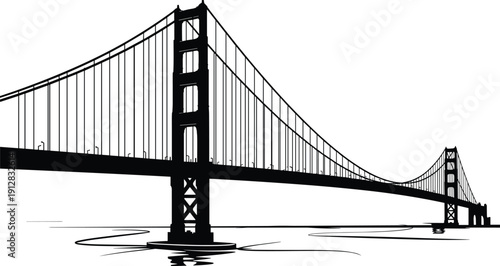 Golden Gate Bridge silhouette vector, iconic San Francisco suspension bridge, black and white minimalist line art with water reflection design