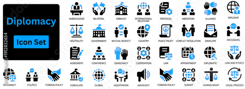 Diplomacy solid icon set contains negotiation, government, policy, partnership, meeting, and global cooperation. Solid icons set. 