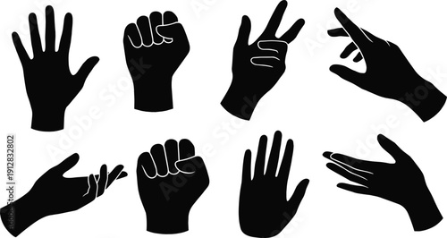 Hand gestures silhouette icon set, human hands poses collection, black flat vector illustration, communication signs, isolated design on white background