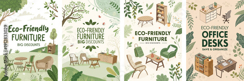 Illustrated banners showcasing eco-friendly furniture with a nature-inspired theme.