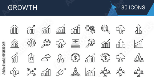 Professional Business Growth and Data Analytics Line Icon Set Featuring Rising Chart Bars, Financial Success Arrows, Investment Performance, and Scaling Strategy Symbols