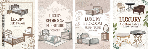 Elegant promotional banners for luxury bedroom furniture and coffee tables.