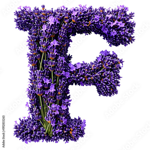Alphabet letter F made from fresh lavender sprigs and purple flower buds on transparent background for design