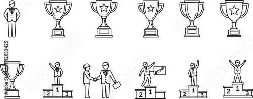 Success line icons set. Success, achievement, award, winner, trophy, business icon set.