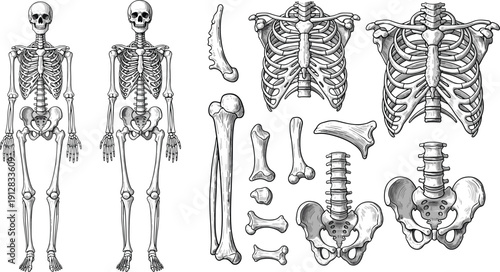 Human skeleton anatomy vector set, detailed bones collection including skull ribcage pelvis and spine, medical illustration line art design