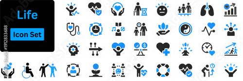 Life solid icon set contains wellness, fitness, health, yoga, aromatherapy, spa, relaxation and more. Solid icons set. 