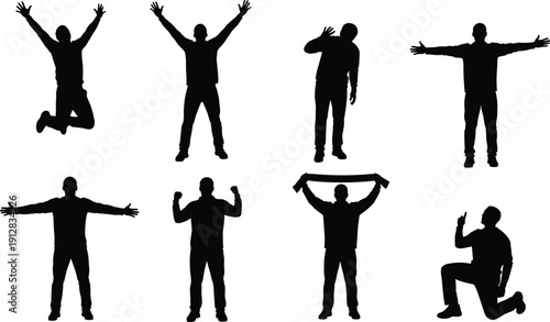 Collection of male silhouettes featuring men cheering, jumping, and celebrating sports victories isolated on white background for fan engagement, emotional success, and team branding.