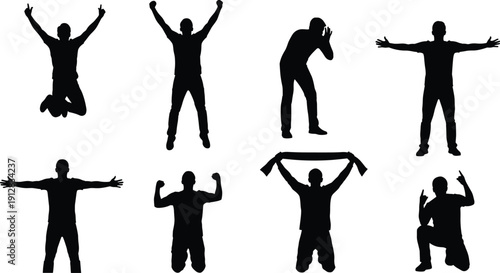 Collection of male silhouettes featuring men cheering, jumping, and celebrating sports victories isolated on white background for fan engagement and emotional success graphics.