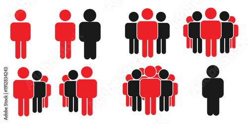 Diverse group of people standing together in various formations and colors