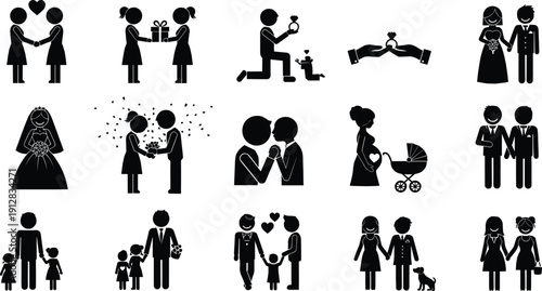 Love relationship silhouette icon set, couple engagement marriage pregnancy family moments black pictogram collection romantic people symbols flat vector design