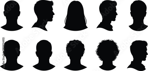 Collection of diverse anonymous human head silhouettes and profile avatars representing gender neutrality social media user icons and mystery person placeholders for web design.