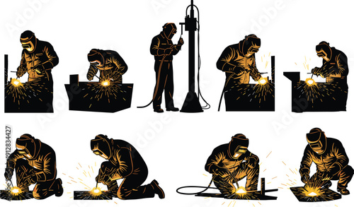 Welding worker illustration, protective gear, sparks effect, industrial metalwork, construction skill, manufacturing process, safety helmet, professional welder artwork - flavector