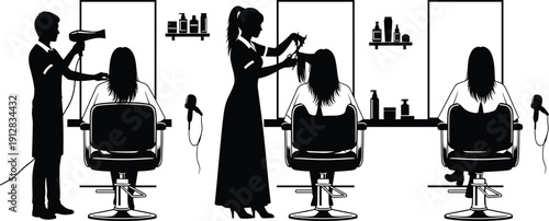 Black and white hair salon silhouette set featuring stylists cutting and blow drying hair for female customers in professional beauty shop interior