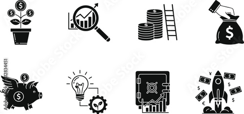 Black and white financial icons set featuring money growth investment strategy business startup success piggy bank wealth management and capital savings