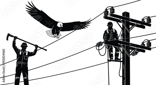 Black and white illustration of utility workers repairing power lines with bald eagle flying nearby, symbolizing wildlife and human infrastructure interaction