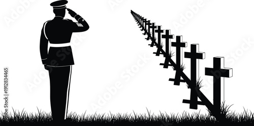 Black and white military silhouette featuring a soldier saluting a long row of cemetery crosses in a field of grass for memorial day