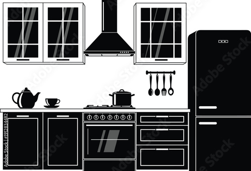 Black and white modern kitchen interior illustration with cabinets, stove, refrigerator, utensils, and countertop decor for design inspiration