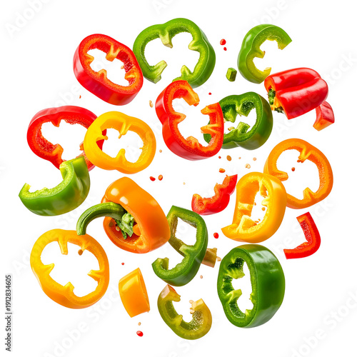 Colorful bell pepper slices in mid-air on transparent background healthy food ingredients for cooking and salads