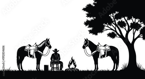 Black silhouette vector illustration of cowboy sitting by campfire with horses and tree, evoking rustic western outdoor lifestyle themes