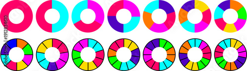 Pie chart set. Colorful segmented circle icons. pie chart divided equal parts. Pie chart collection. Pie chart. Colorful circle diagram with sections or parts pie
