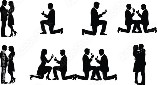 Black silhouette vector illustration of diverse romantic proposal couples including kneeling, embracing, and inclusive scenarios for love and commitment themes