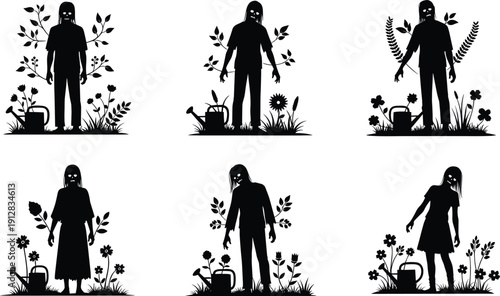 Black silhouette vector illustration of eerie zombie figures in garden settings with plants, flowers, and watering cans for thematic artwork