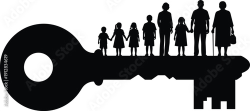 Black silhouette vector illustration of large key with people representing life stages from childhood to elderly adulthood symbolizing family continuity